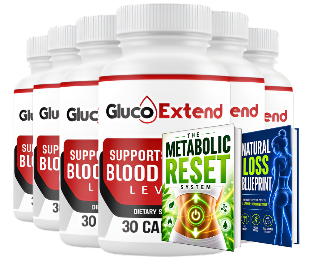 Six-bottle Gluco Extend blood sugar support supplement package
