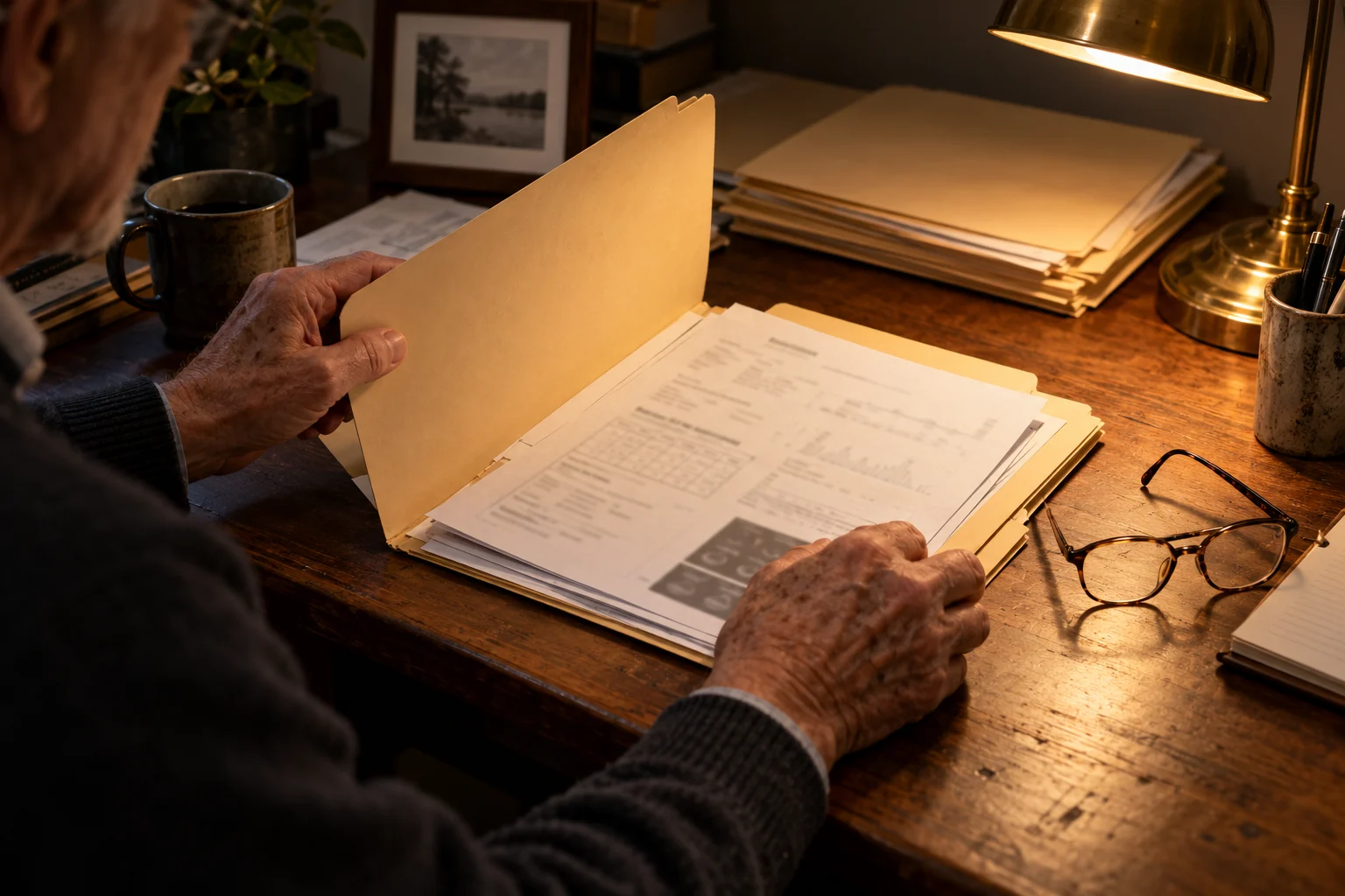 Illustration of an older clinician reviewing a patient folder by lamplight