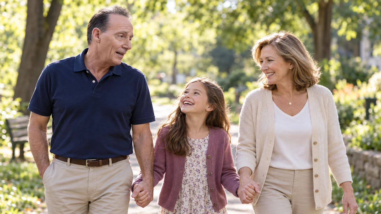 Illustration of Paul enjoying a sunny walk with his wife and granddaughter