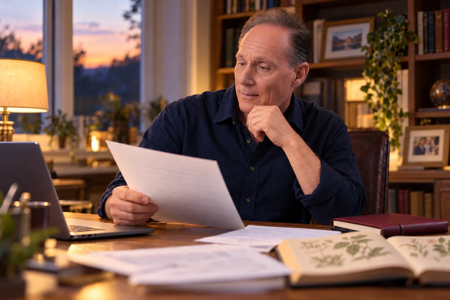 Paul reading medical journals and old case files at his desk