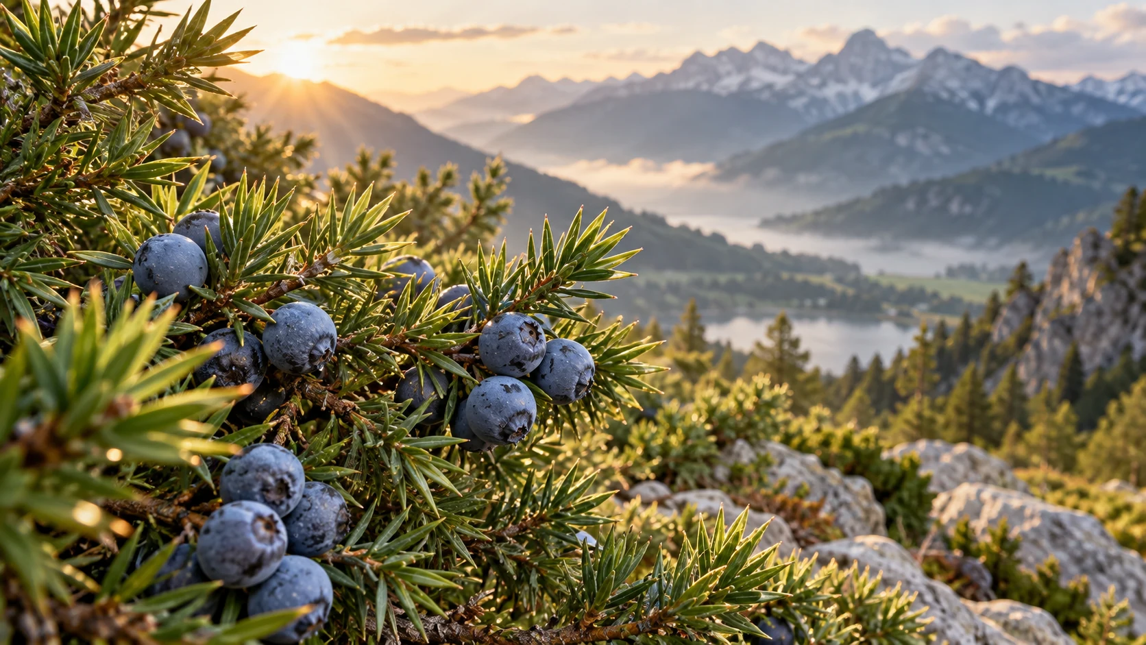 Juniper berries on a shrub overlooking an alpine valley