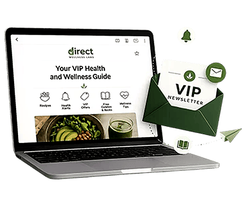 VIP health and wellness newsletter shown on a laptop beside an envelope
